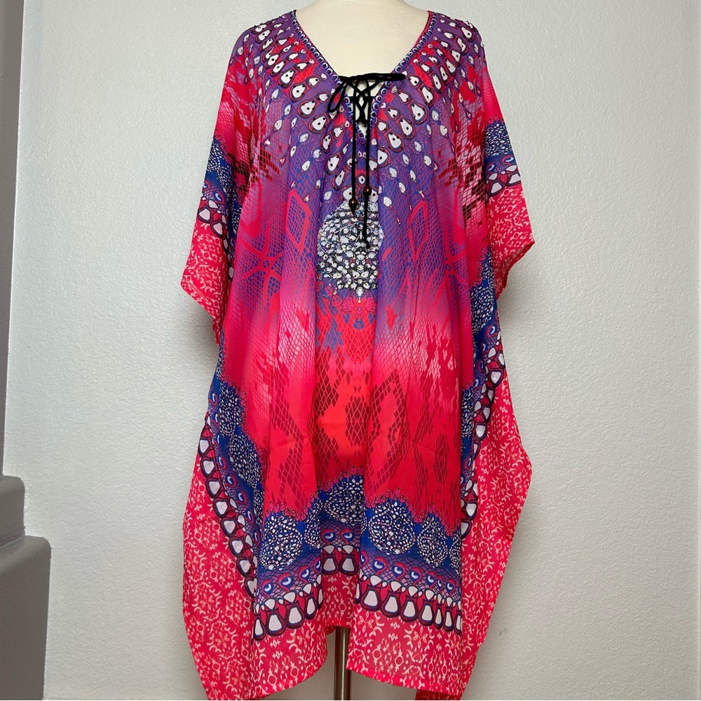 Ashley Taylor Women's Pink/Multi Sequin Tunic V-Neck Beach Cover Up One Size NWT